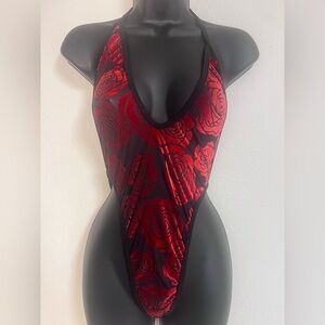 Elegant Red Floral Velvet Bodysuit